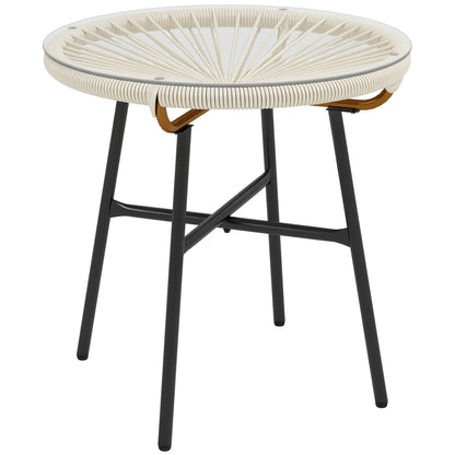 Synthetic Rattan Garden Table Round Coffee Table for Outdoors with Tempered Glass Top and Metal Legs for Patio Balcony Ø50x50 cm Cream