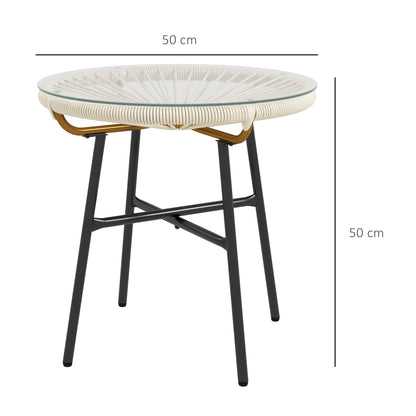 Synthetic Rattan Garden Table Round Coffee Table for Outdoors with Tempered Glass Top and Metal Legs for Patio Balcony Ø50x50 cm Cream