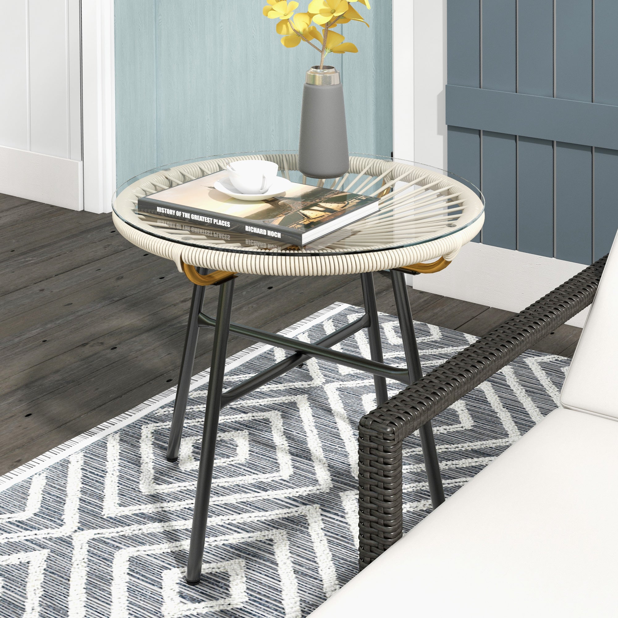 Synthetic Rattan Garden Table Round Coffee Table for Outdoors with Tempered Glass Top and Metal Legs for Patio Balcony Ø50x50 cm Cream