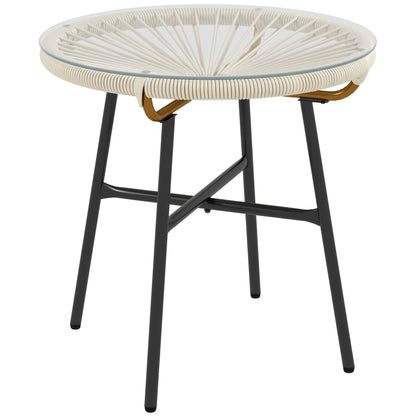 Synthetic Rattan Garden Table Round Coffee Table for Outdoors with Tempered Glass Top and Metal Legs for Patio Balcony Ø50x50 cm Cream