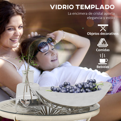 Synthetic Rattan Garden Table Round Coffee Table for Outdoors with Tempered Glass Top and Metal Legs for Patio Balcony Ø50x50 cm Cream