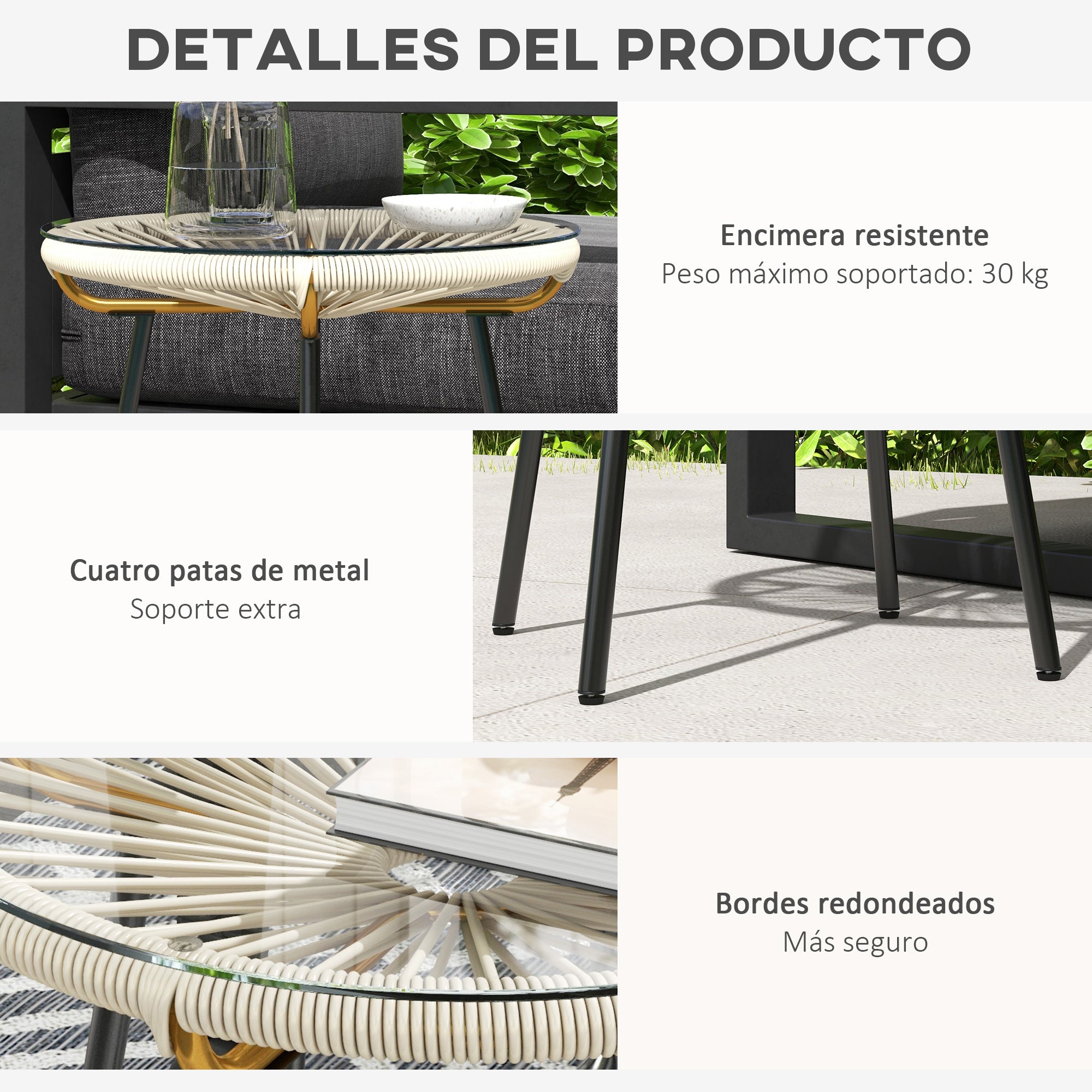 Synthetic Rattan Garden Table Round Coffee Table for Outdoors with Tempered Glass Top and Metal Legs for Patio Balcony Ø50x50 cm Cream