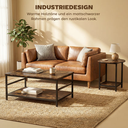 2-Piece Coffee & Side Table Set with Shelves, Modern Rustic Brown Living Room Tables with Black Steel Frame