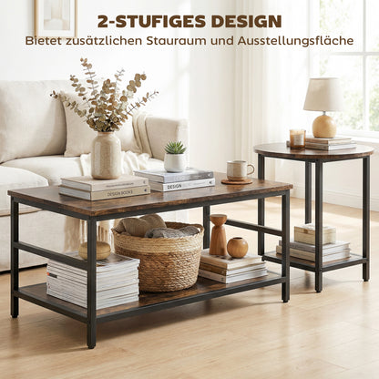 2-Piece Coffee & Side Table Set with Shelves, Modern Rustic Brown Living Room Tables with Black Steel Frame