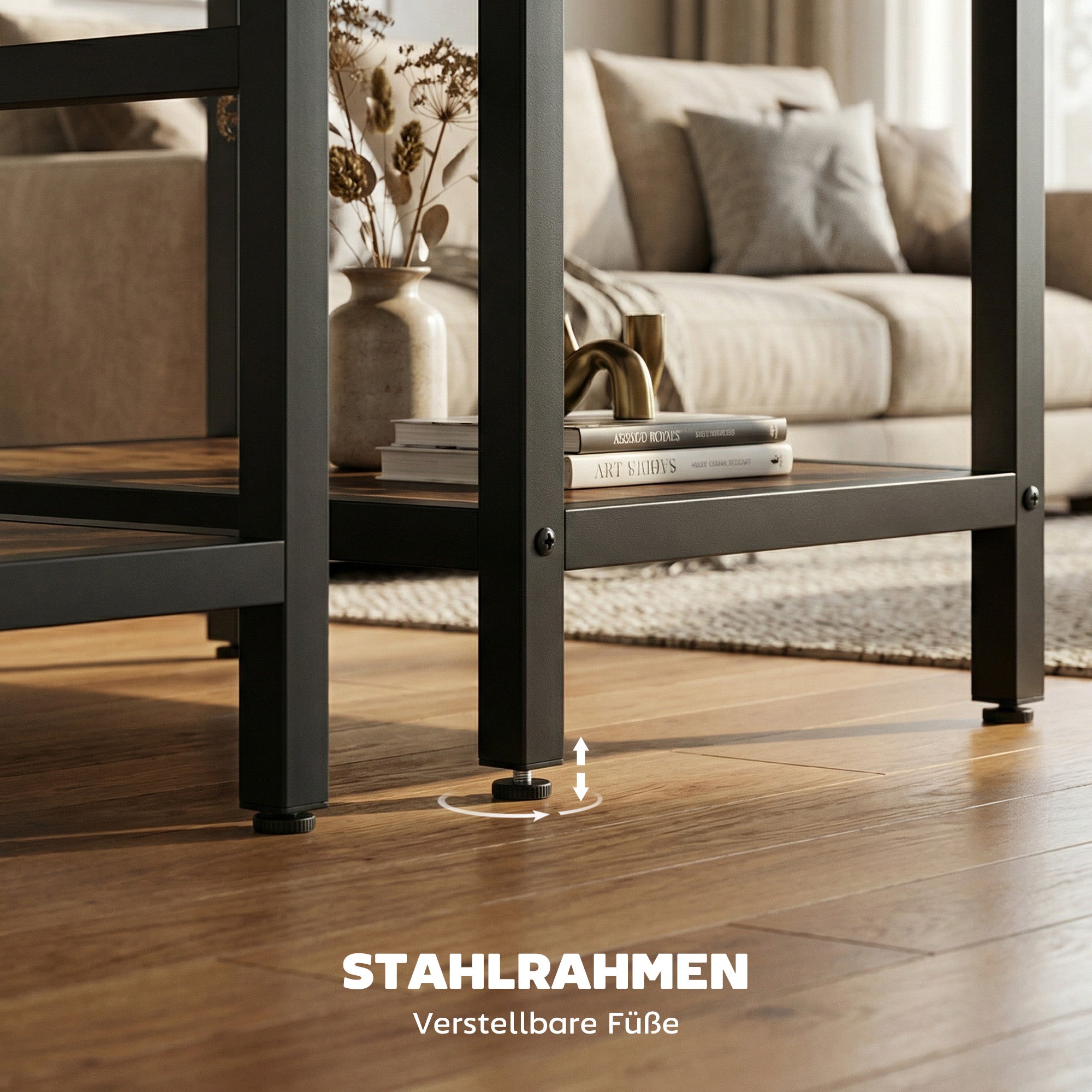 2-Piece Coffee & Side Table Set with Shelves, Modern Rustic Brown Living Room Tables with Black Steel Frame