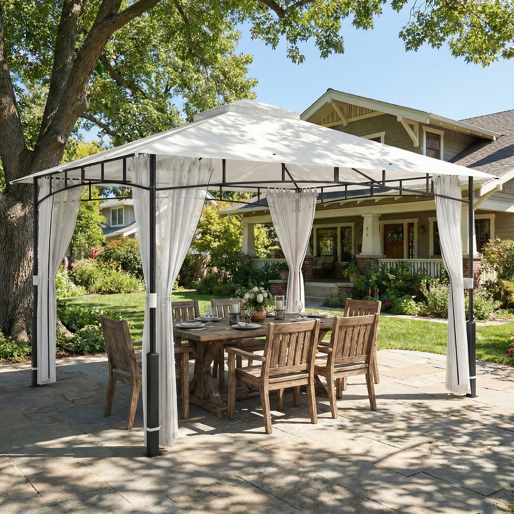 Gazebo 3.6 x 3.0 m (11 ft 9.7 in x 9 ft 10.1 in) — Water-Resistant Metal Garden Pavilion with Mosquito Net, Double Roof, Wood-Effect Posts, Black