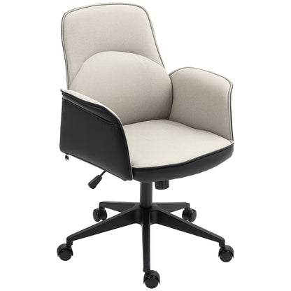 Swivel Office Chair Upholstered in PU and Linen Adjustable Height Armrests Study Chair Load 120 kg Beige and Black