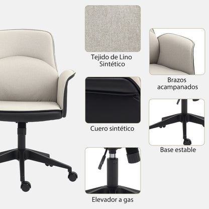 Swivel Office Chair Upholstered in PU and Linen Adjustable Height Armrests Study Chair Load 120 kg Beige and Black