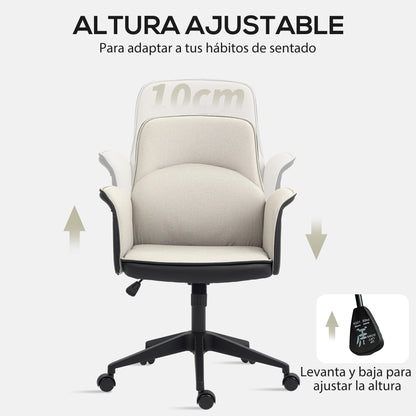 Swivel Office Chair Upholstered in PU and Linen Adjustable Height Armrests Study Chair Load 120 kg Beige and Black