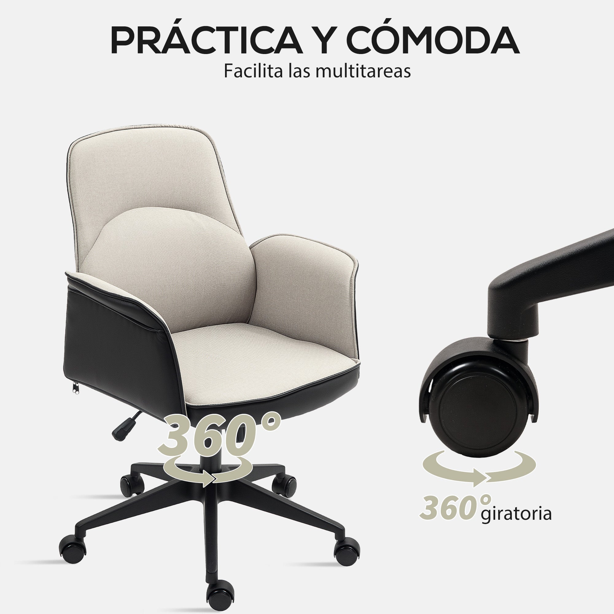 Swivel Office Chair Upholstered in PU and Linen Adjustable Height Armrests Study Chair Load 120 kg Beige and Black