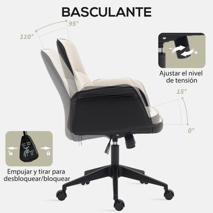 Swivel Office Chair Upholstered in PU and Linen Adjustable Height Armrests Study Chair Load 120 kg Beige and Black