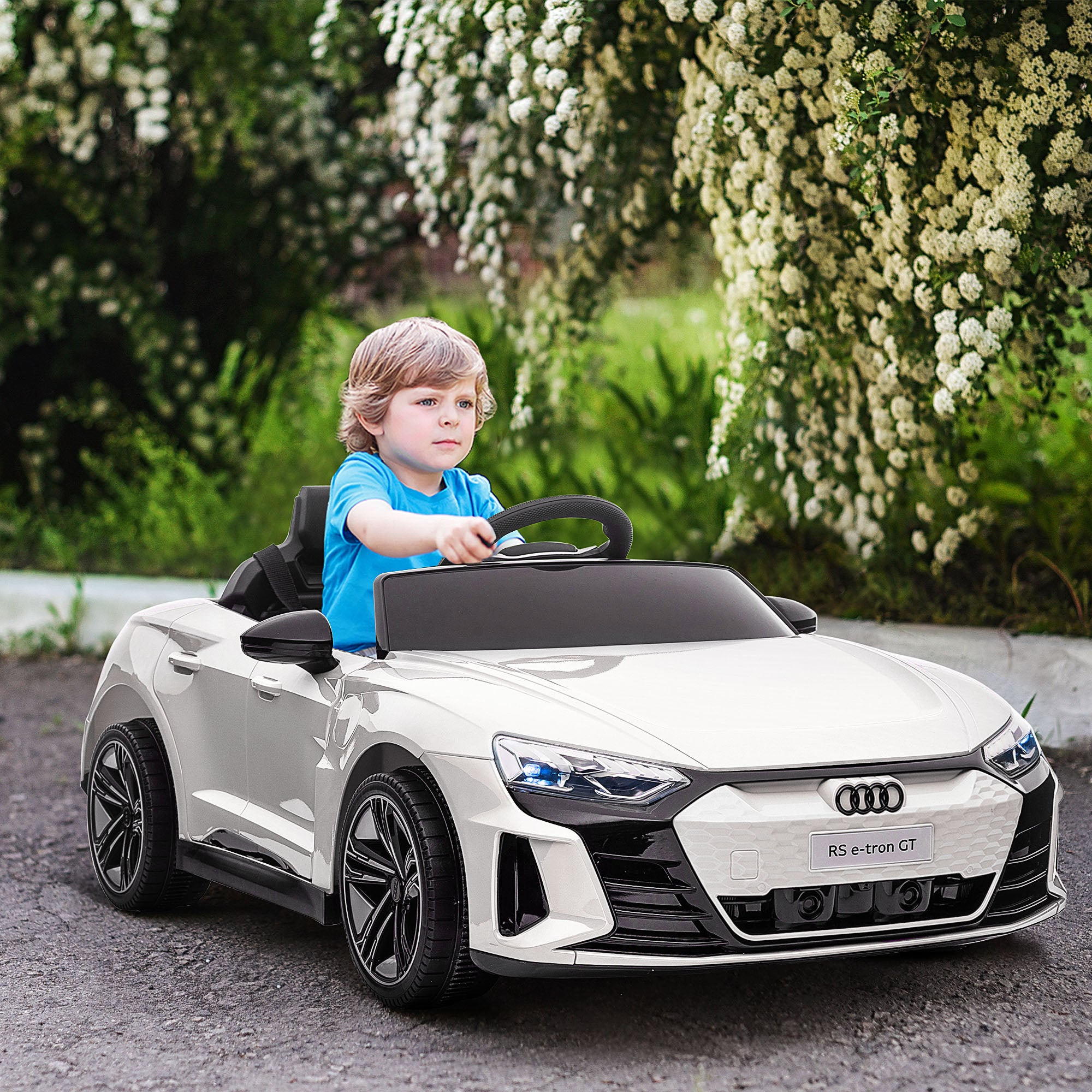 Kids Electric Car 12V Children's Car with 2.4 GHz Remote Control, 2 Motors, Kids Vehicle with 4 Sprung Wheels, Horn, Headlights, Music, Soft Start, Training Wheel, for 3-5 Years, White