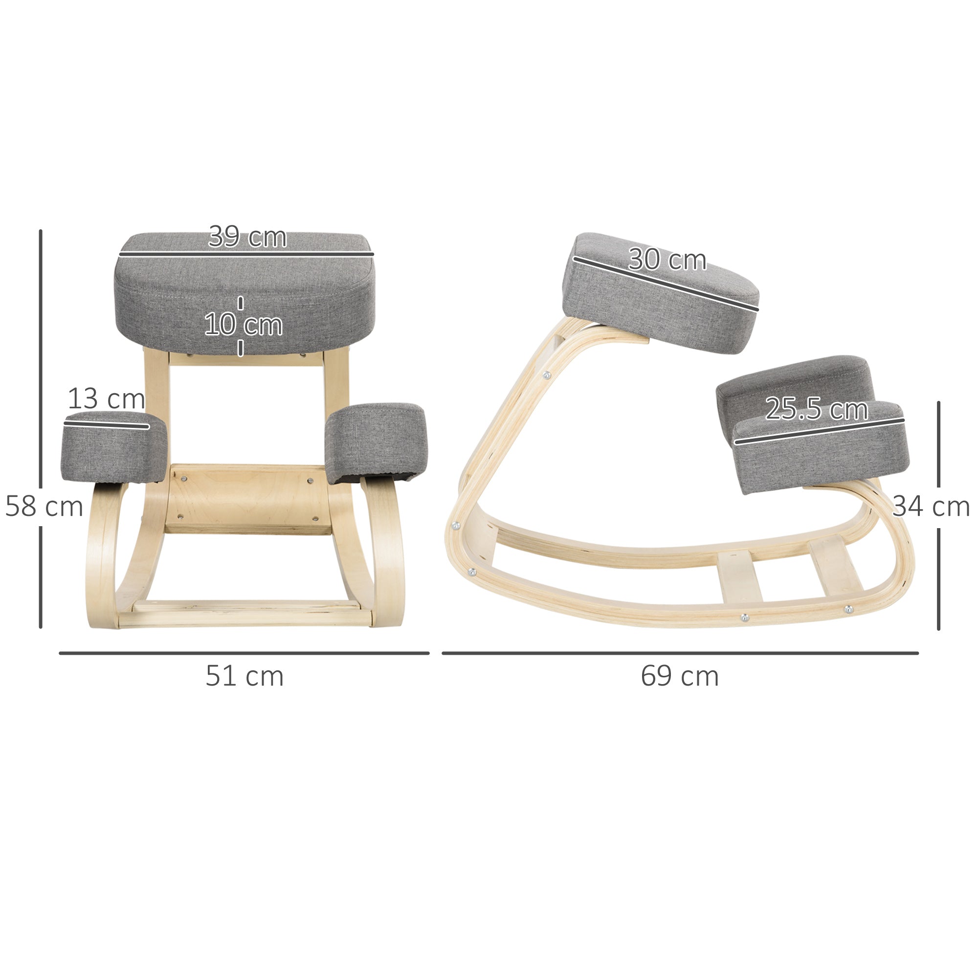 Ergonomic Kneeling Chair in Birch Wood, Posture Chair with Foam and Polyester Cushion for Home and Office, Gray