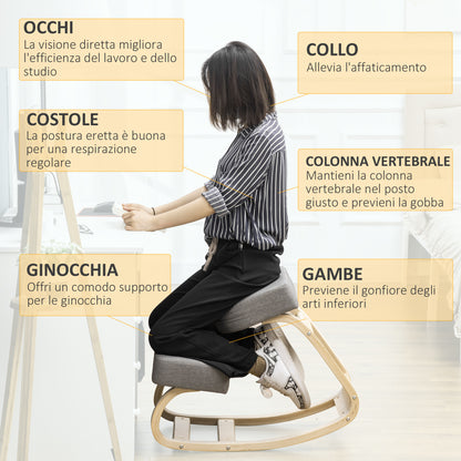 Ergonomic Kneeling Chair in Birch Wood, Posture Chair with Foam and Polyester Cushion for Home and Office, Gray