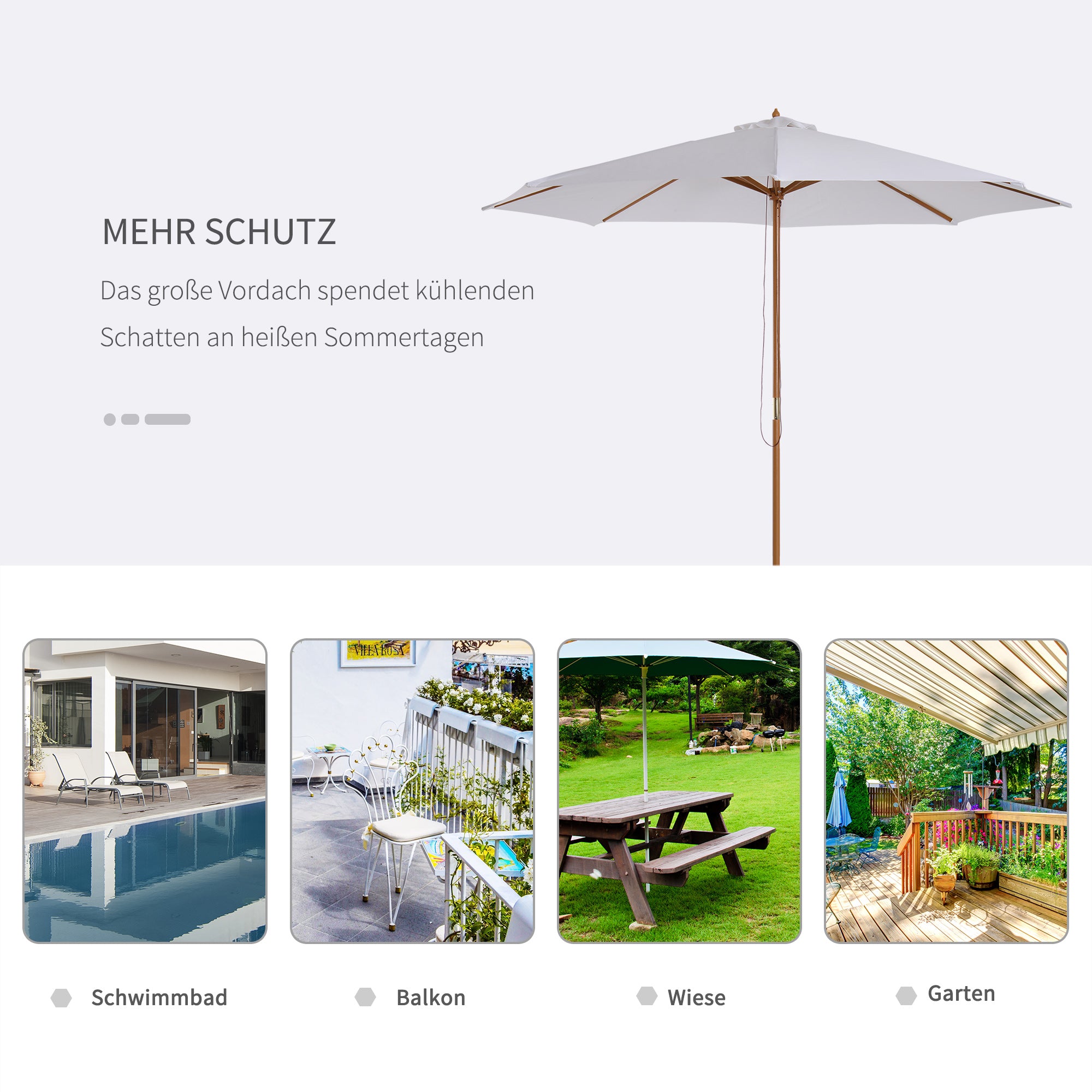 Sun Umbrella Ø 300 cm, Sun Protection Umbrella made of Wood, Stable Market Umbrella Sun Protection for Beach Terrace Garden, White