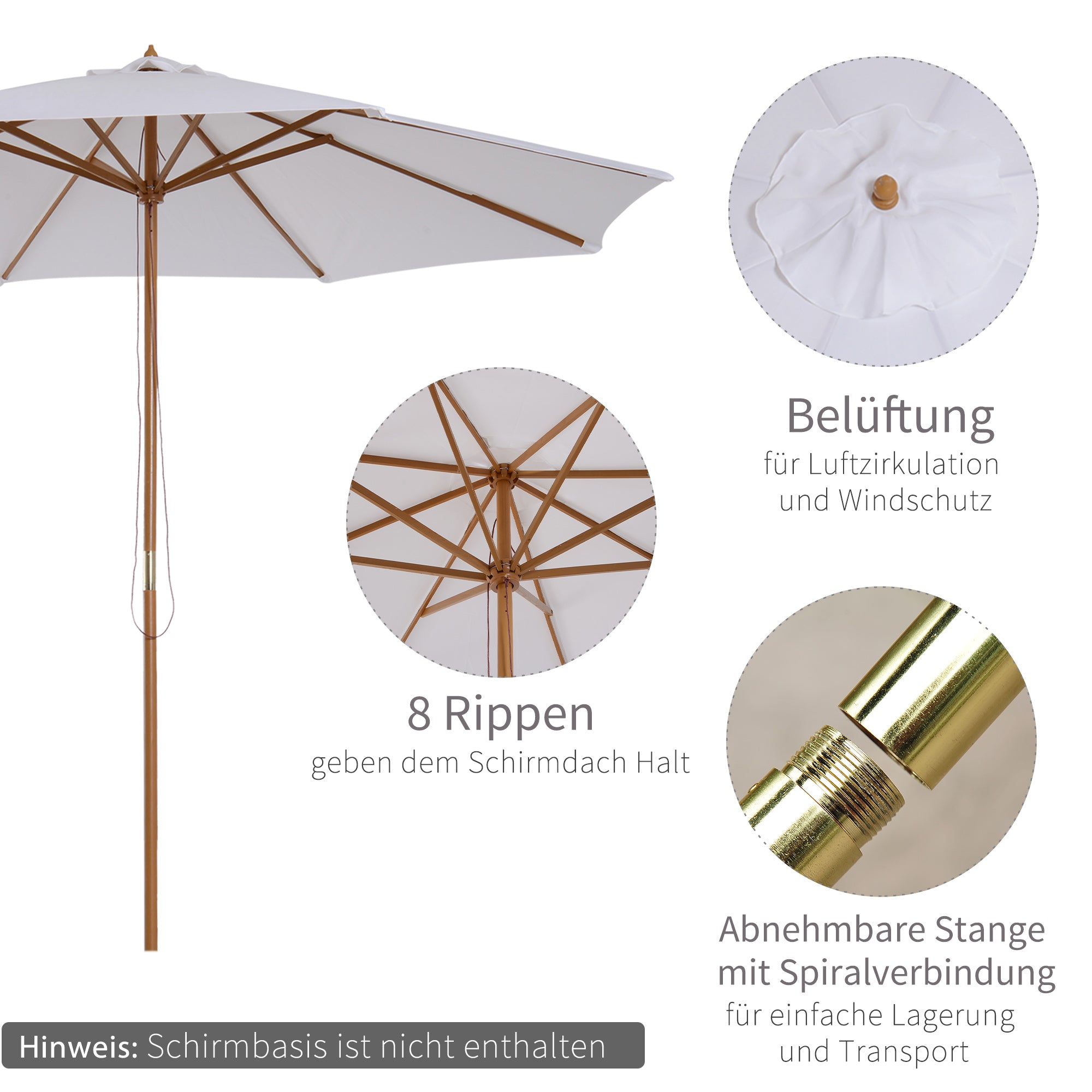 Sun Umbrella Ø 300 cm, Sun Protection Umbrella made of Wood, Stable Market Umbrella Sun Protection for Beach Terrace Garden, White