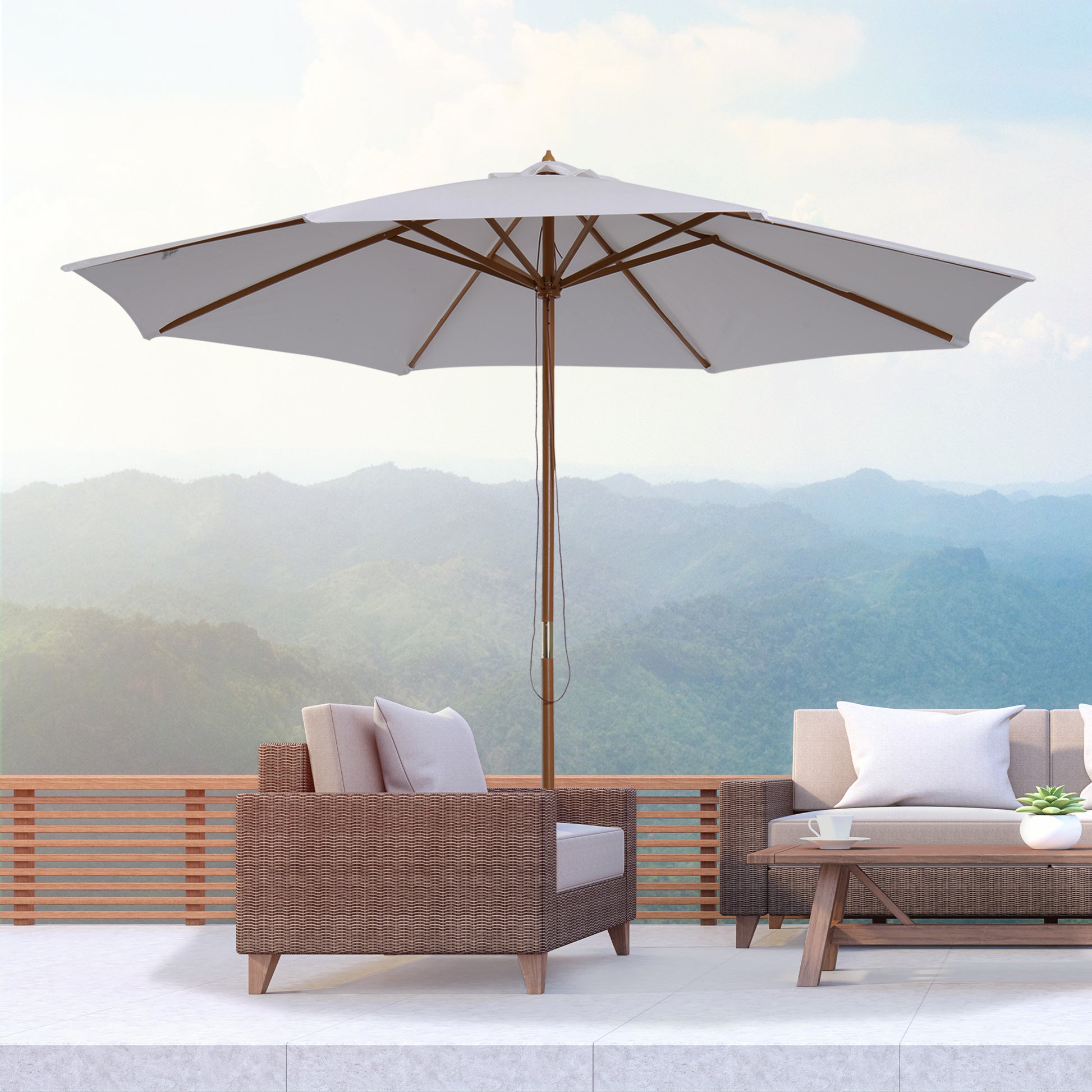 Sun Umbrella Ø 300 cm, Sun Protection Umbrella made of Wood, Stable Market Umbrella Sun Protection for Beach Terrace Garden, White