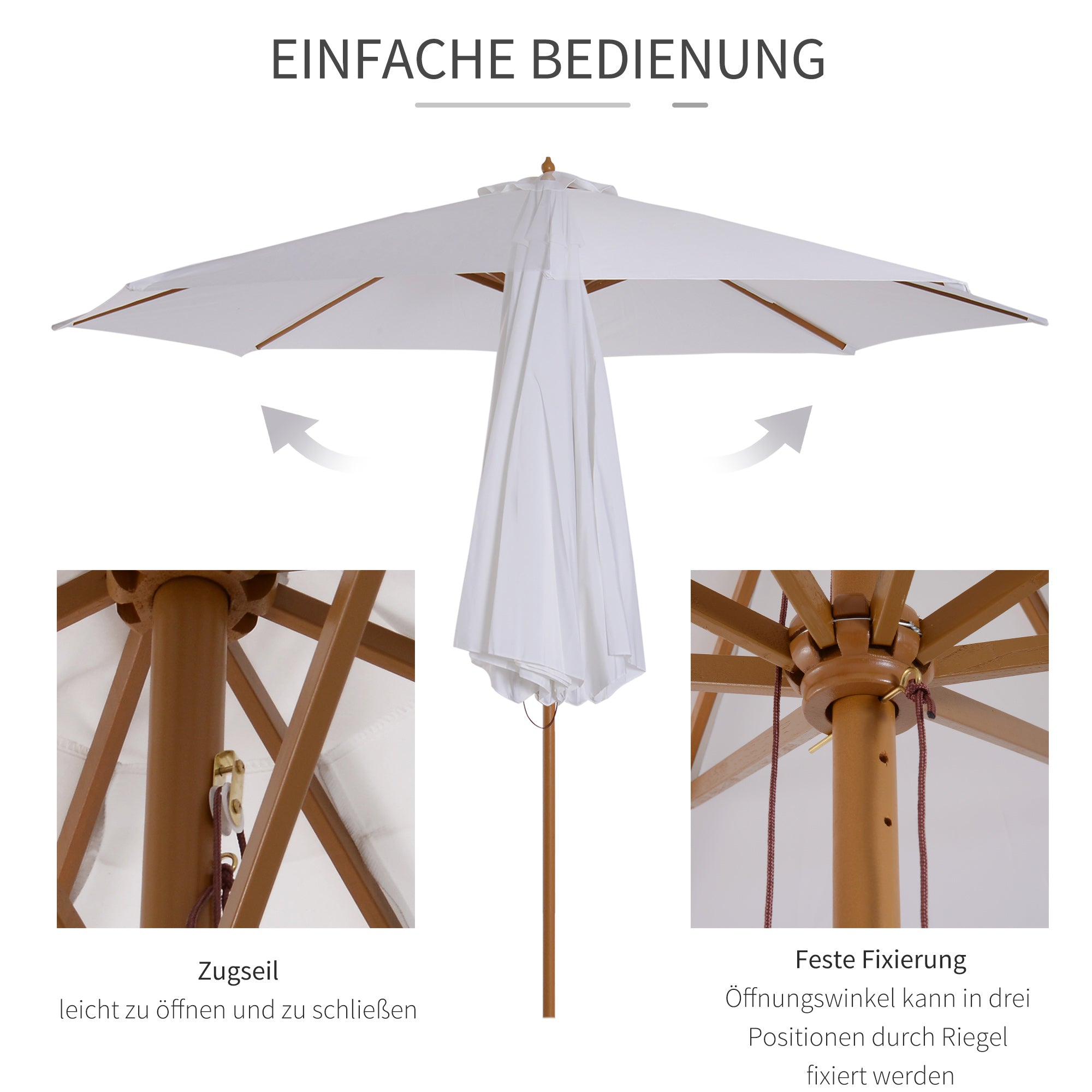 Sun Umbrella Ø 300 cm, Sun Protection Umbrella made of Wood, Stable Market Umbrella Sun Protection for Beach Terrace Garden, White