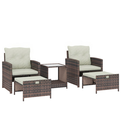 5-Piece Rattan Patio Set — 2 Space-Saving Footstools, 2 Armchairs, 2-Tier Coffee Table with Cushions — Brown/Cream