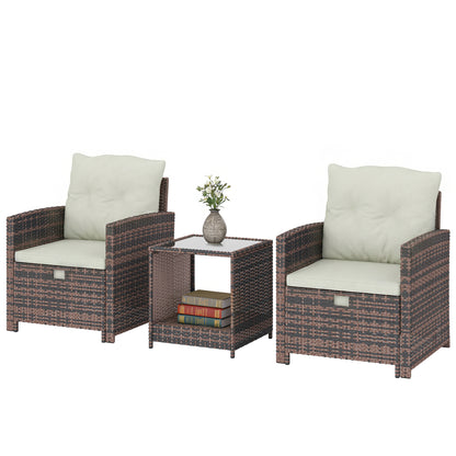 5-Piece Rattan Patio Set — 2 Space-Saving Footstools, 2 Armchairs, 2-Tier Coffee Table with Cushions — Brown/Cream