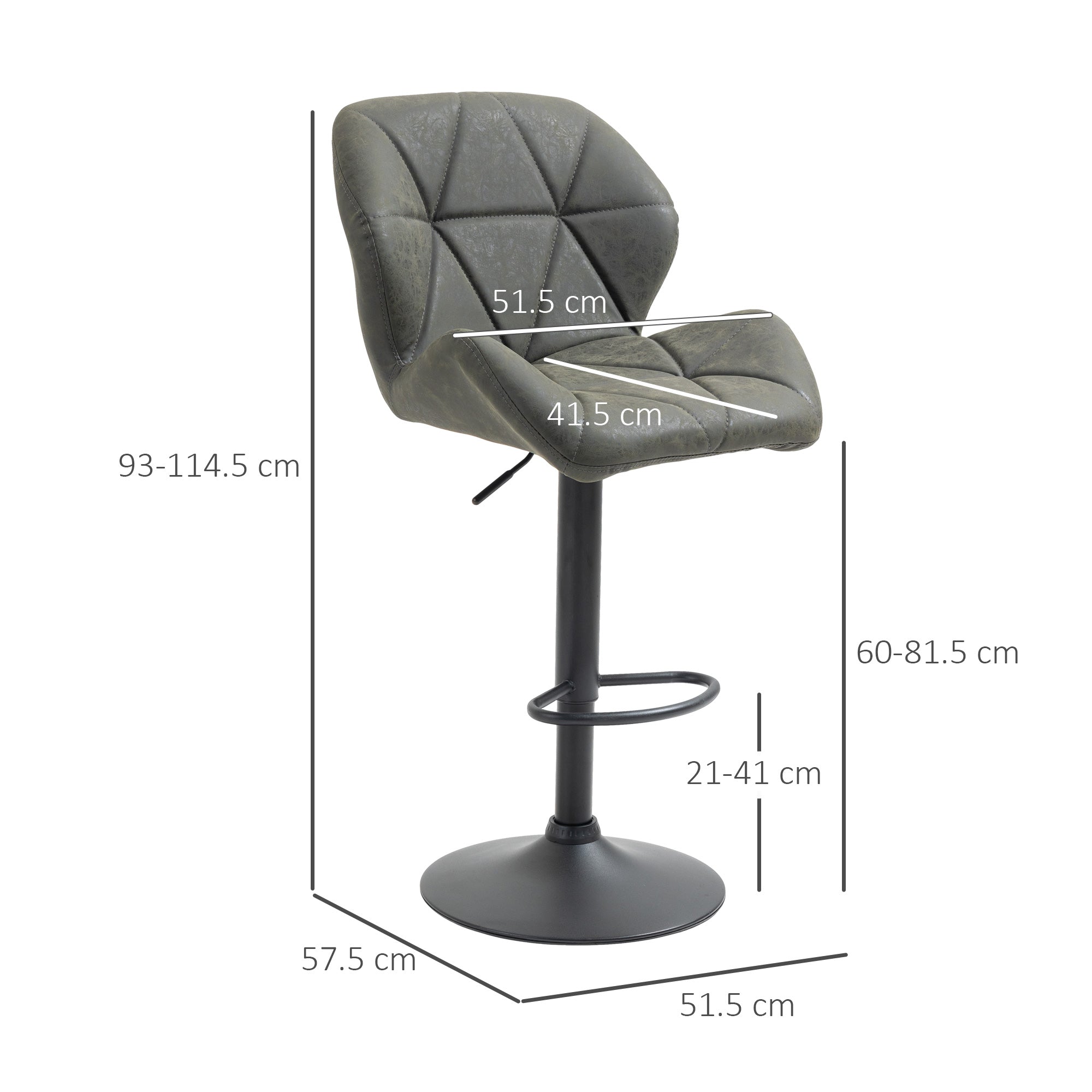 Set of 2 Bar Stools with Adjustable Height, Metal Base and Faux Leather Seat, Stools with Backrest and Footrest, 51.5x57.5x93-114.5 cm, Military Green