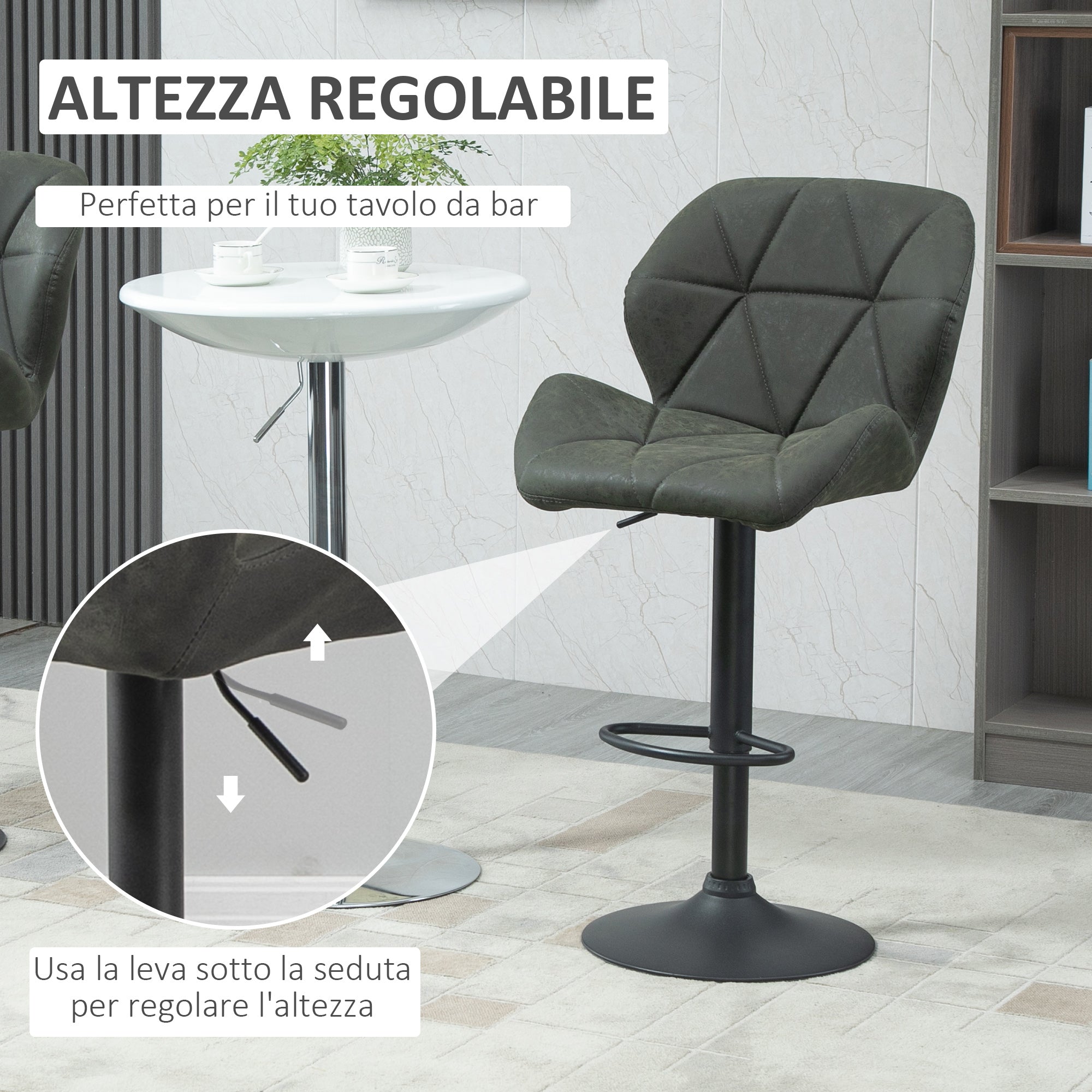 Set of 2 Bar Stools with Adjustable Height, Metal Base and Faux Leather Seat, Stools with Backrest and Footrest, 51.5x57.5x93-114.5 cm, Military Green