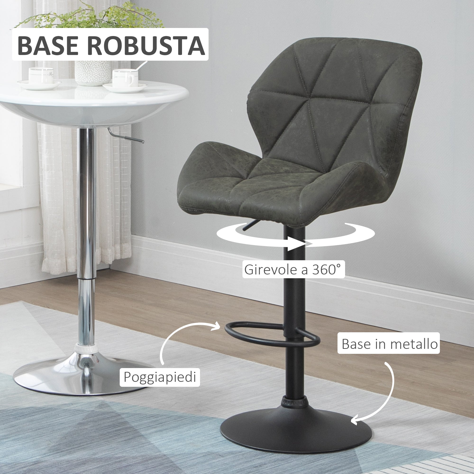Set of 2 Bar Stools with Adjustable Height, Metal Base and Faux Leather Seat, Stools with Backrest and Footrest, 51.5x57.5x93-114.5 cm, Military Green