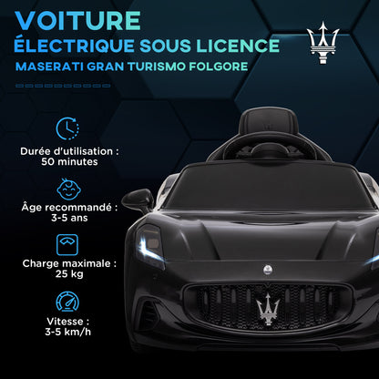 Licensed Maserati Gran Turismo Folgore Kids Electric Car, 12V Electric Vehicle with 2.4G Remote Control, LED Headlights, Music, Horn, MP3, Children's Car for 3-5 Years Old, Black