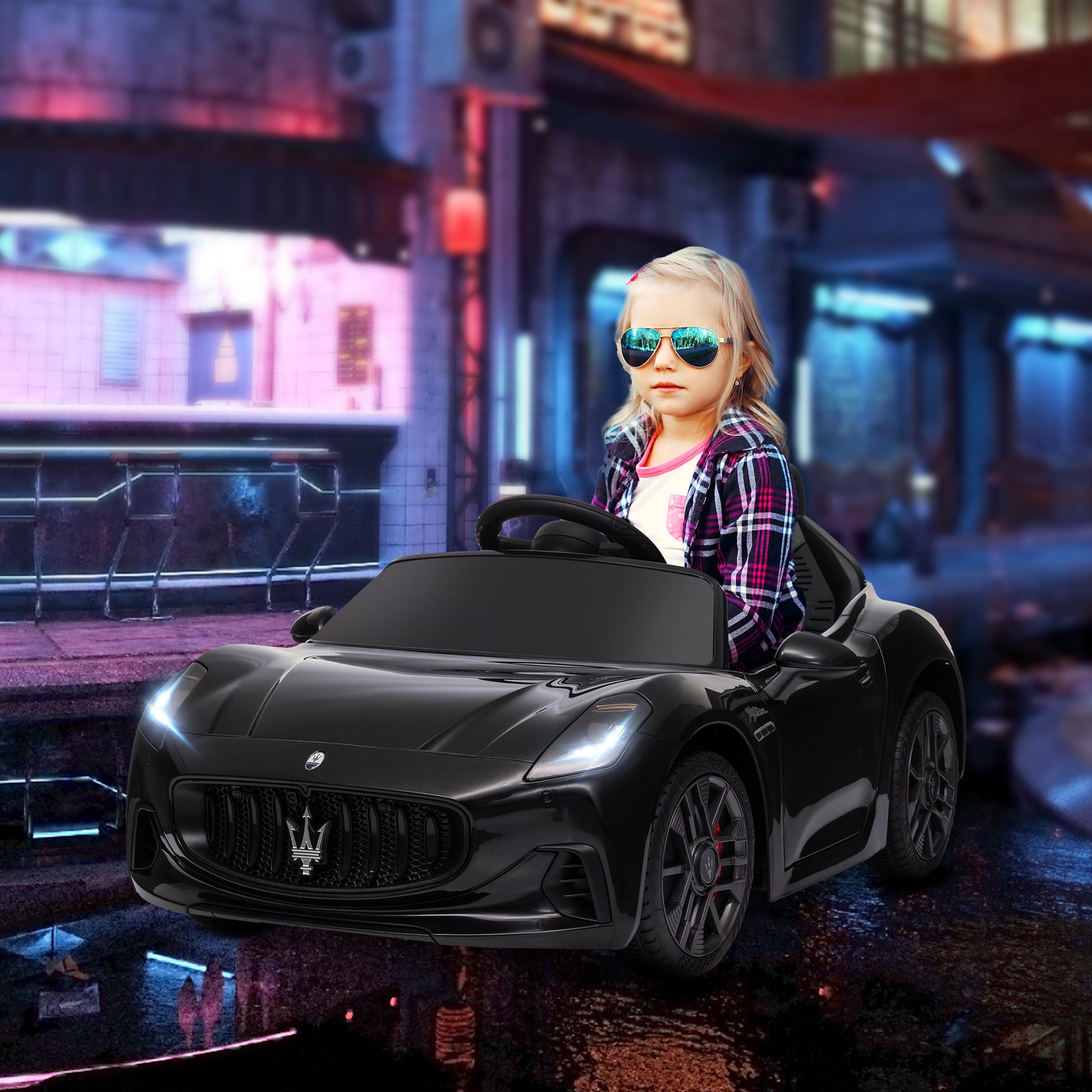 Licensed Maserati Gran Turismo Folgore Kids Electric Car, 12V Electric Vehicle with 2.4G Remote Control, LED Headlights, Music, Horn, MP3, Children's Car for 3-5 Years Old, Black