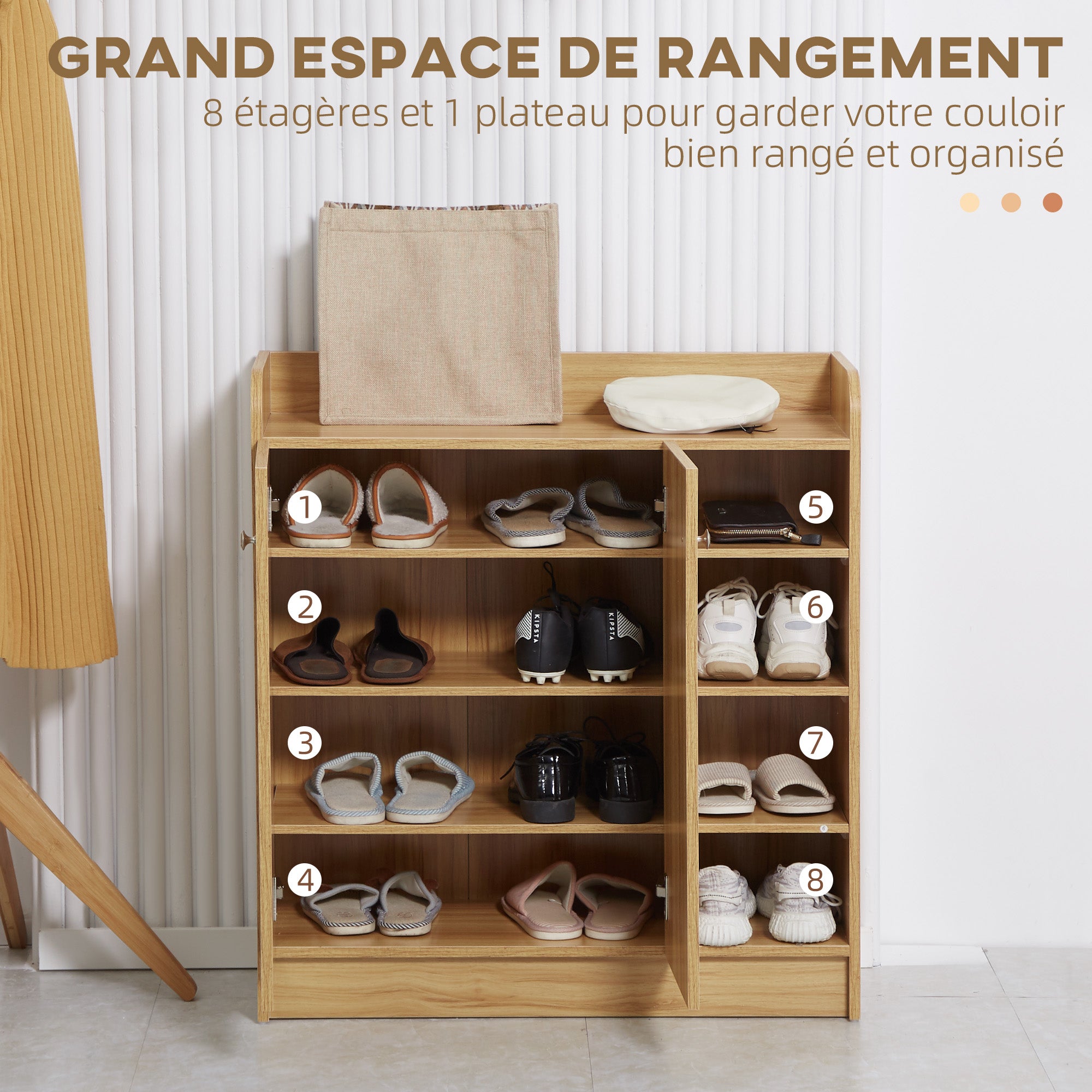 Shoe Storage Cabinet for Entryway - Shoe Cabinet with 4 Open Compartments and Double Door Closet - Adjustable Shelf - 83L x 30W x 90H cm - Brown