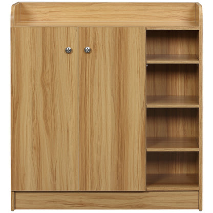 Shoe Storage Cabinet for Entryway - Shoe Cabinet with 4 Open Compartments and Double Door Closet - Adjustable Shelf - 83L x 30W x 90H cm - Brown