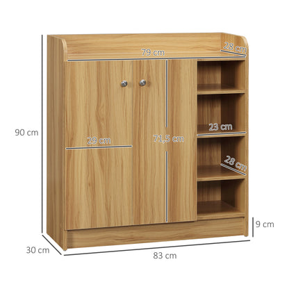 Shoe Storage Cabinet for Entryway - Shoe Cabinet with 4 Open Compartments and Double Door Closet - Adjustable Shelf - 83L x 30W x 90H cm - Brown