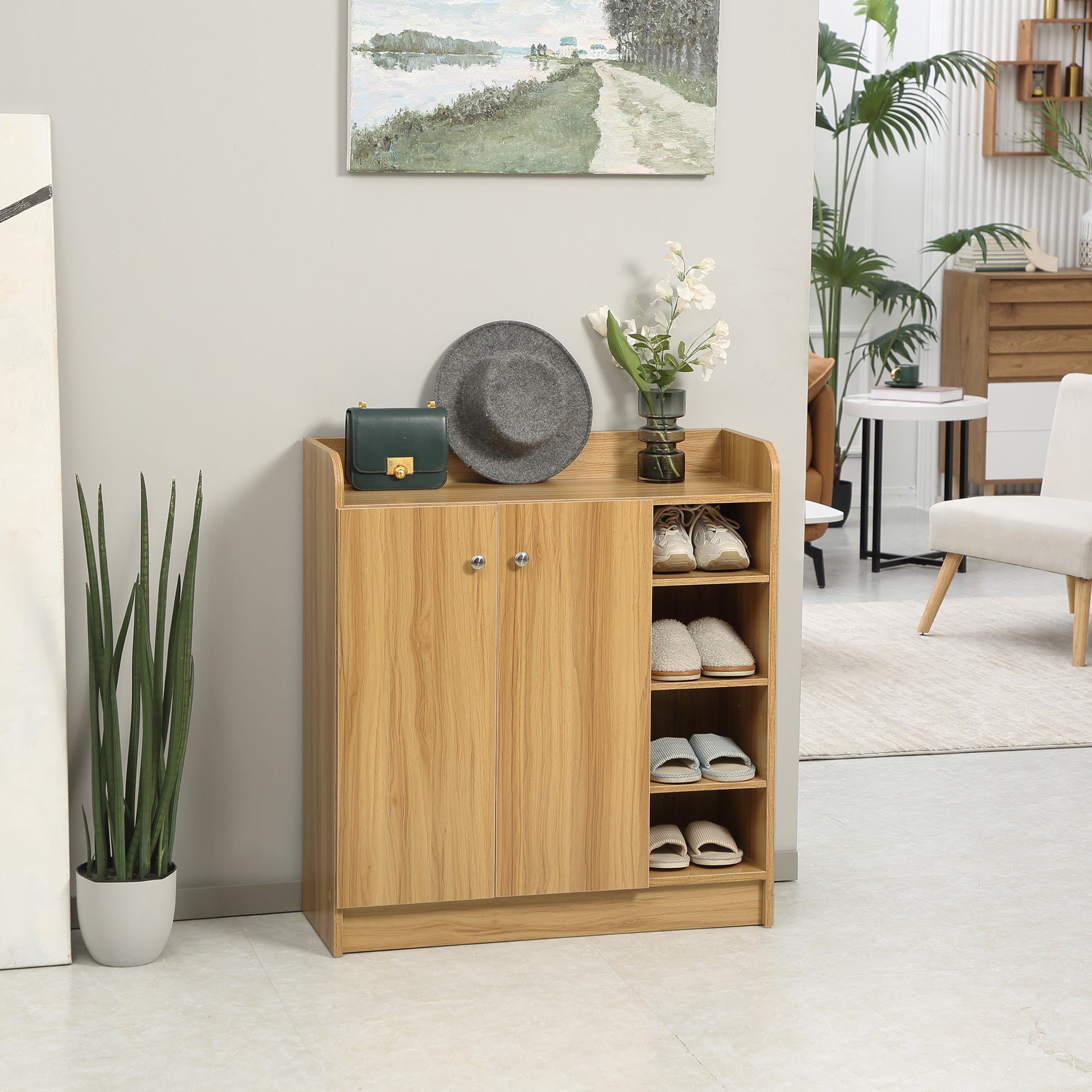 Shoe Storage Cabinet for Entryway - Shoe Cabinet with 4 Open Compartments and Double Door Closet - Adjustable Shelf - 83L x 30W x 90H cm - Brown