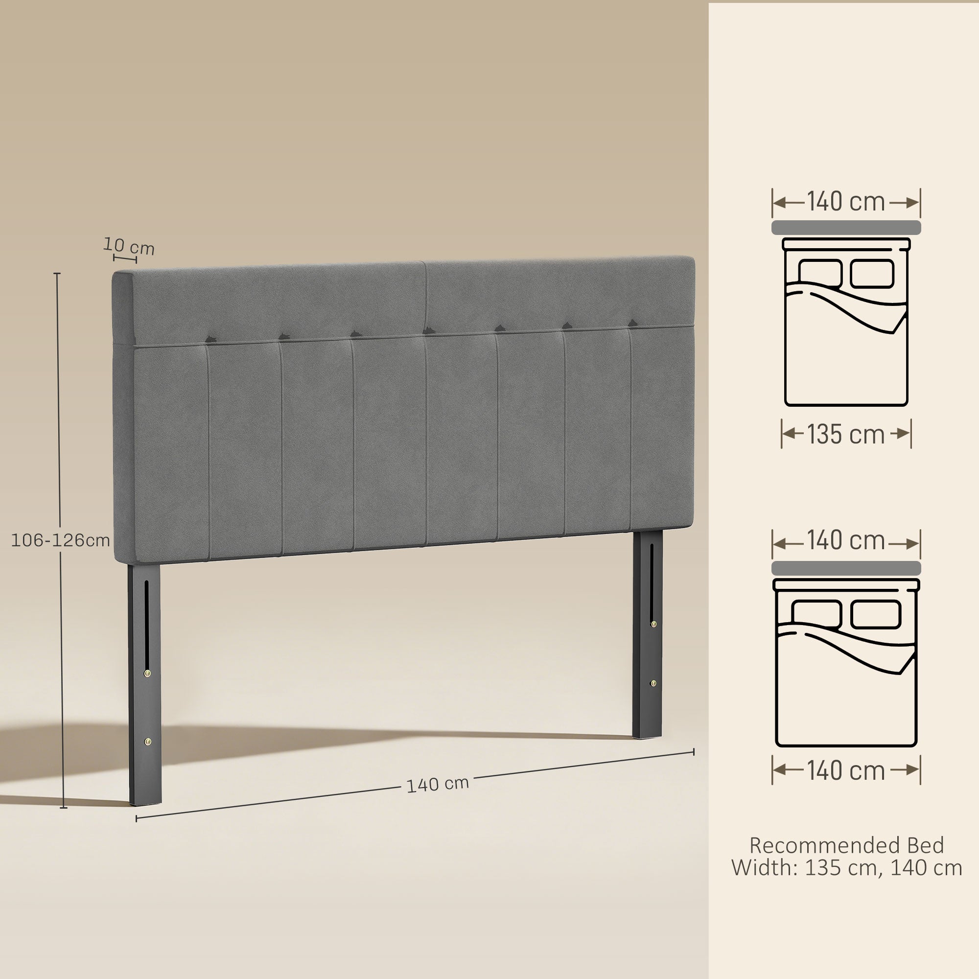 3-Height Adjustable Velvet-Look Padded Headboard with Metal Legs — Fits 53–55" Beds, Gray (140 x 10 x 106/116/126 cm)