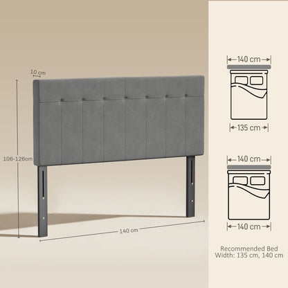 3-Height Adjustable Velvet-Look Padded Headboard with Metal Legs — Fits 53–55" Beds, Gray (140 x 10 x 106/116/126 cm)