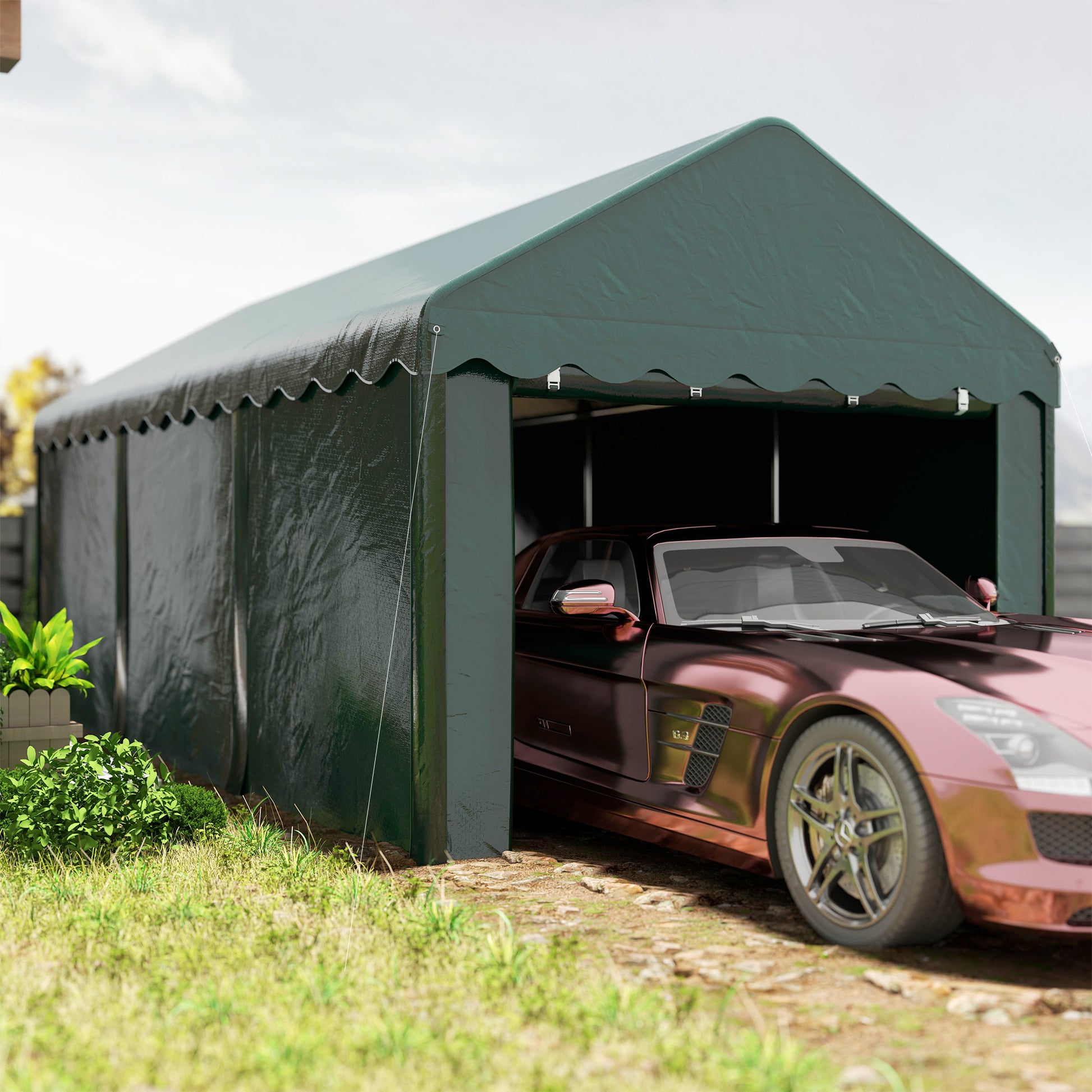 Carport Garage Tent 3 x 6m Outdoor Car Shelter Storage Tent with 2 Roll-Up Doors, 200g PE Fabric, UV Resistant and Waterproof Carport for Cars, Trucks, Boats, Green