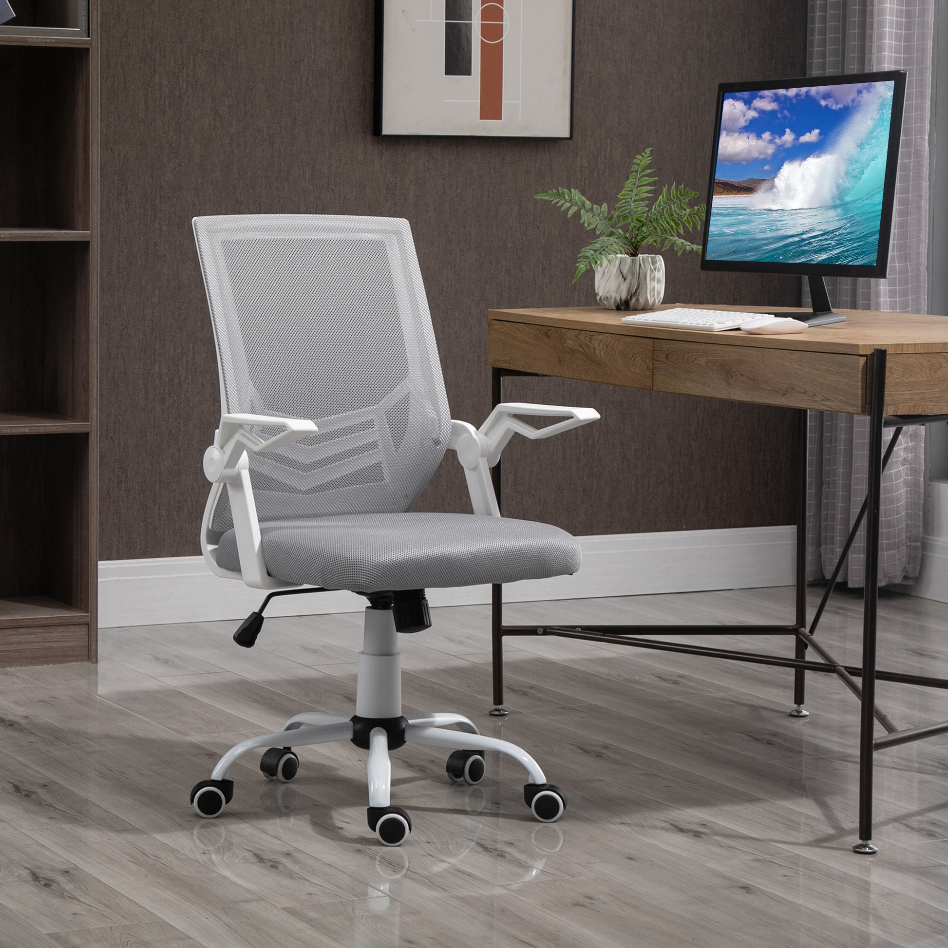 Ergonomic Office Chair Mesh Chair with Adjustable Height Foldable Armrests Breathable Lumbar Support for Teenagers Adults 62.5x55x94-104 cm Gray