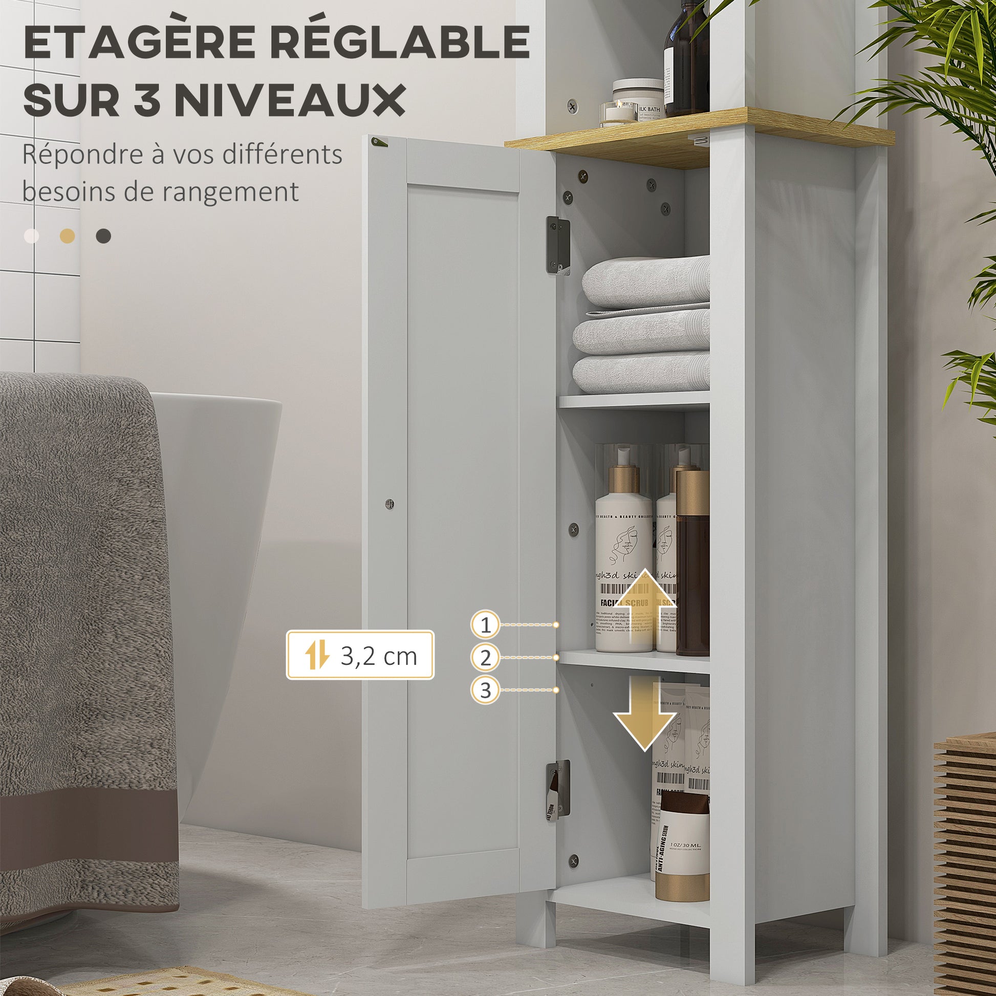 White Bathroom Column Cabinet High Toilet Cupboard with 3 Adjustable Shelves 34 x 23 x 165 cm