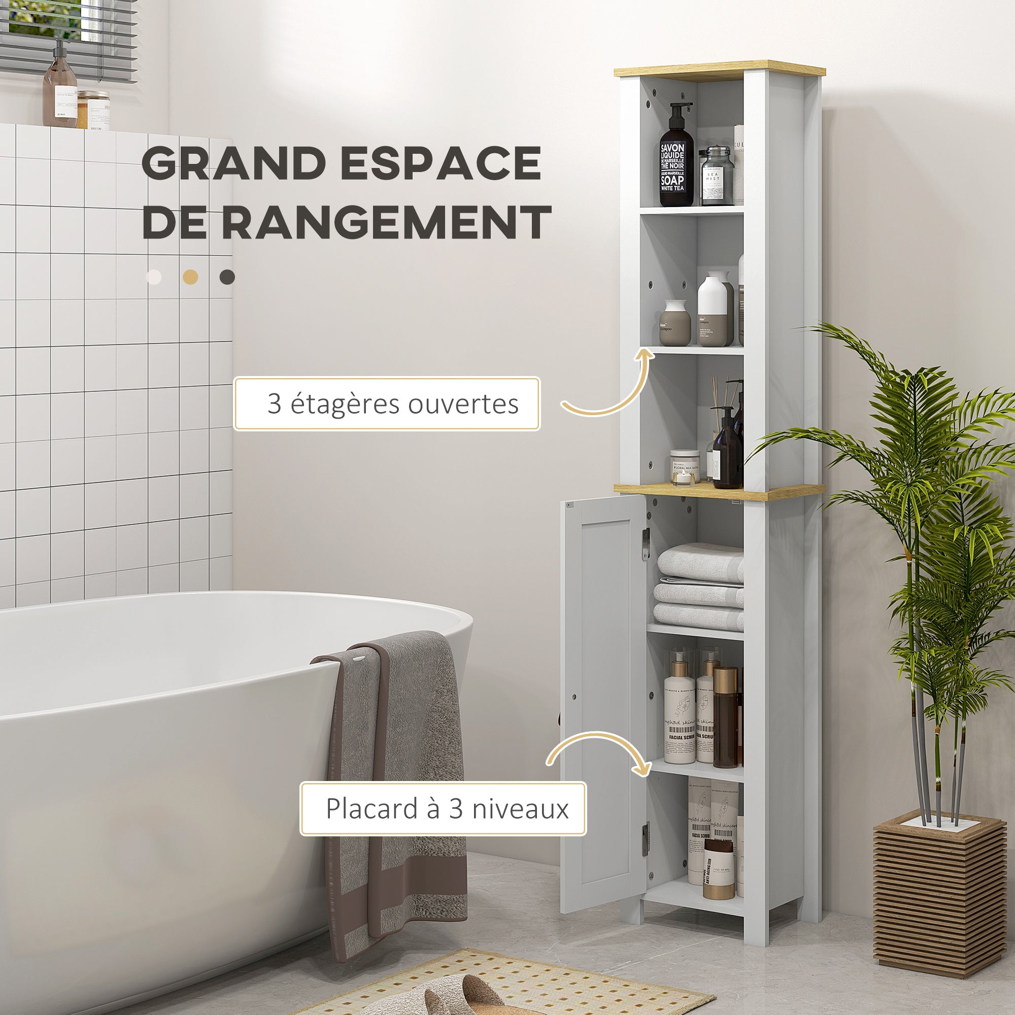 White Bathroom Column Cabinet High Toilet Cupboard with 3 Adjustable Shelves 34 x 23 x 165 cm