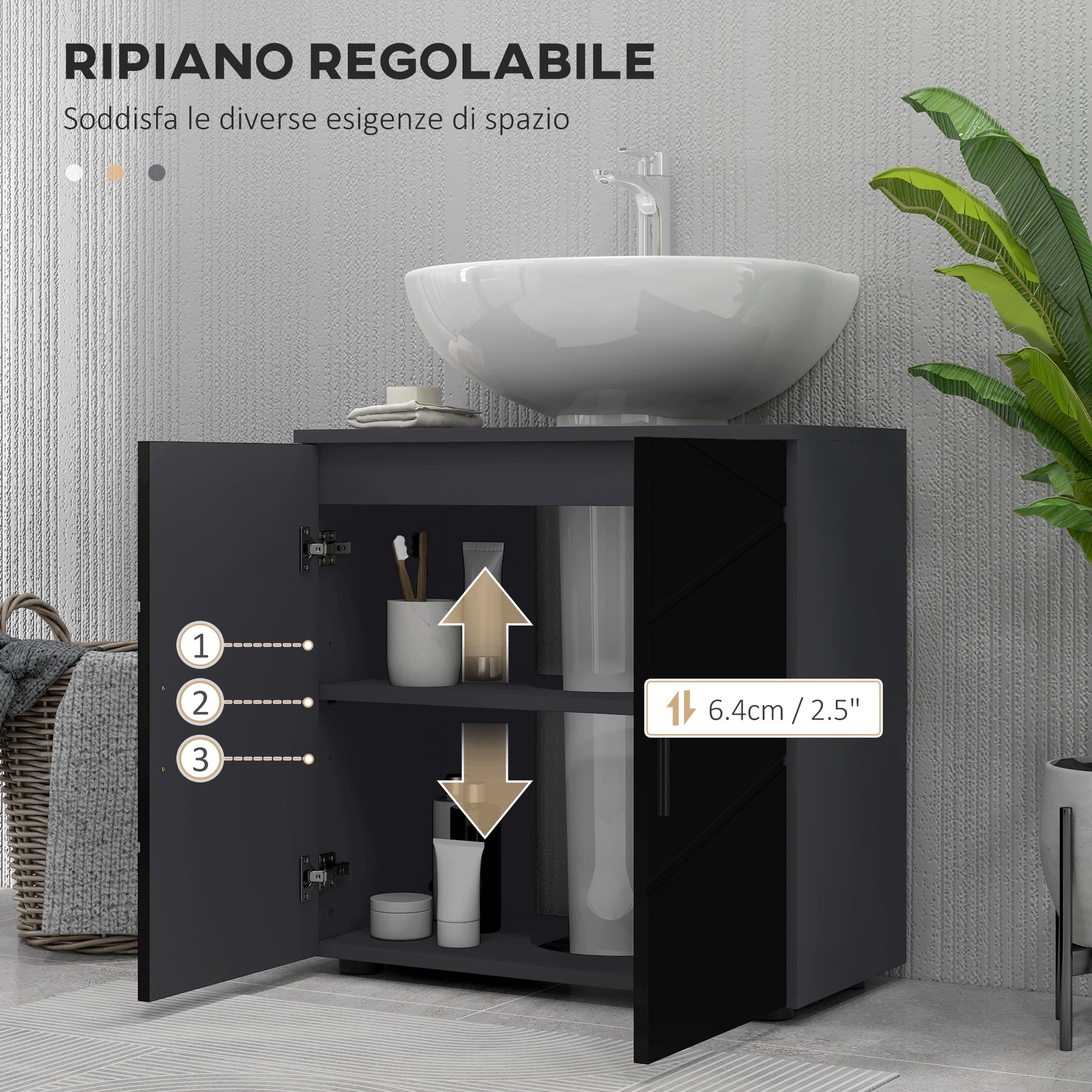 Under Sink Bathroom Cabinet with 2 Doors, Pedestal Sink Wood Cabinet with Adjustable Shelf, for Sinks with or without Column, 60x30x60cm, Black