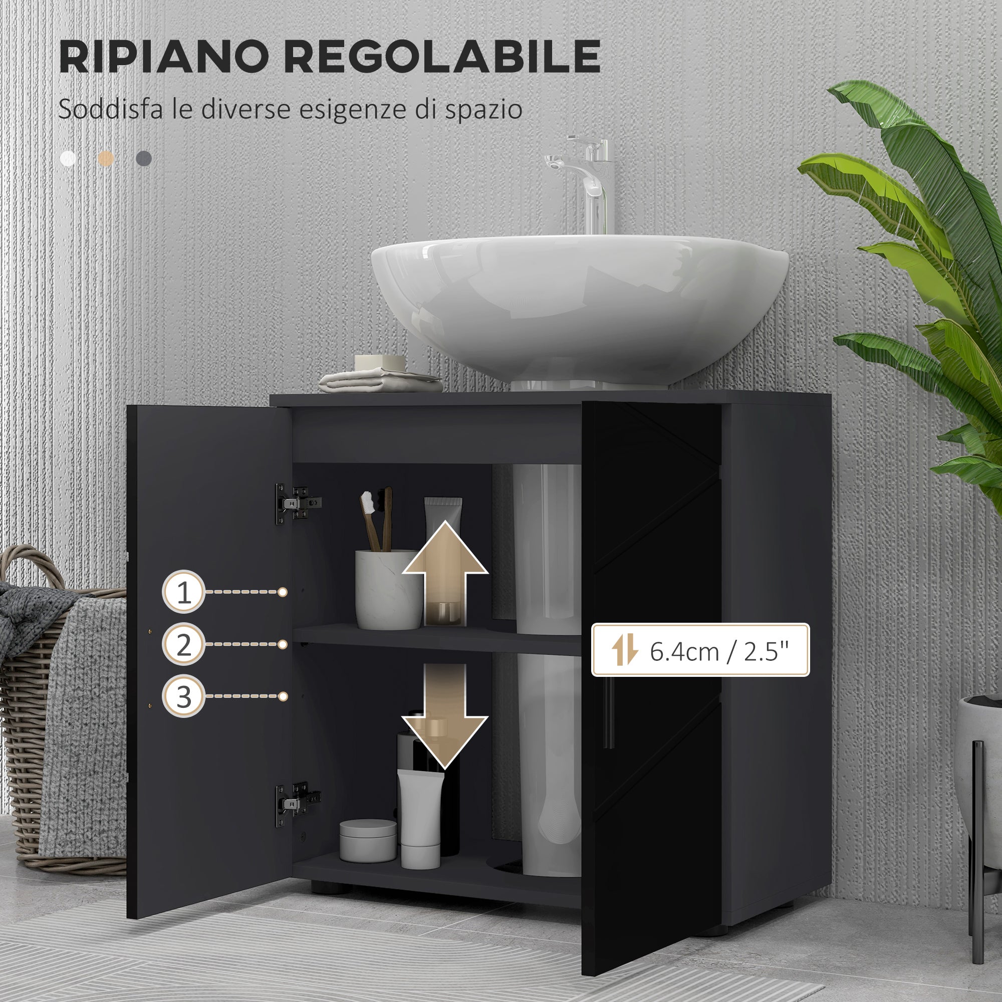 Under Sink Bathroom Cabinet with 2 Doors, Pedestal Sink Wood Cabinet with Adjustable Shelf, for Sinks with or without Column, 60x30x60cm, Black