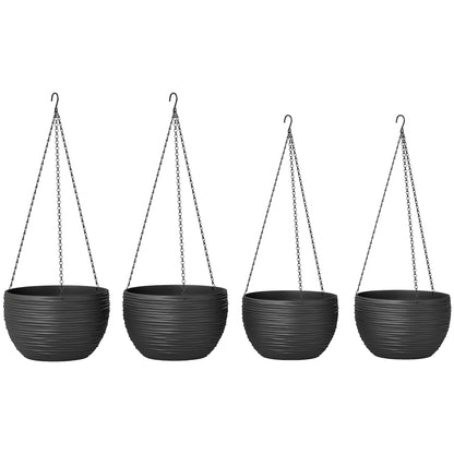 4-Pack Hanging Flower Pots, Round Planters with Drainage Holes and Metal Chains, Self-Watering Plastic Planters for Flowers & Tomatoes, Black