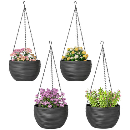 4-Pack Hanging Flower Pots, Round Planters with Drainage Holes and Metal Chains, Self-Watering Plastic Planters for Flowers & Tomatoes, Black