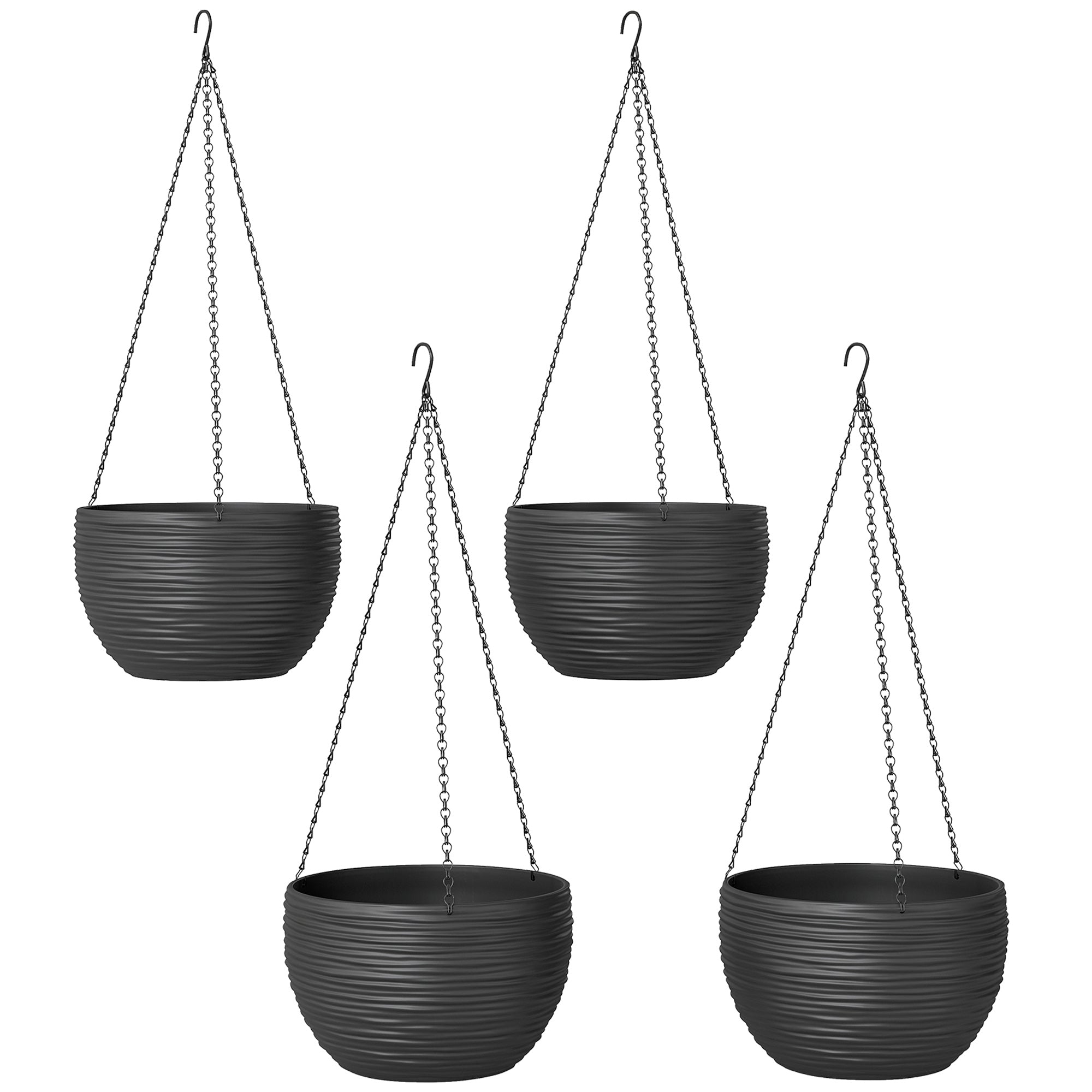 4-Pack Hanging Flower Pots, Round Planters with Drainage Holes and Metal Chains, Self-Watering Plastic Planters for Flowers & Tomatoes, Black