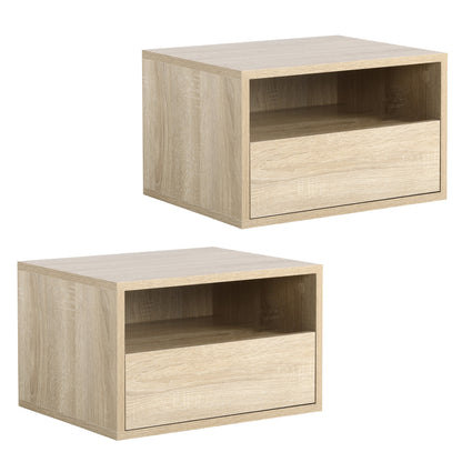 Set of 2 Wall-Mounted Bedside Tables - Set of 2 Nightstands - Sliding Drawer, Niche, Tabletop - Particle Boards Light Oak Finish