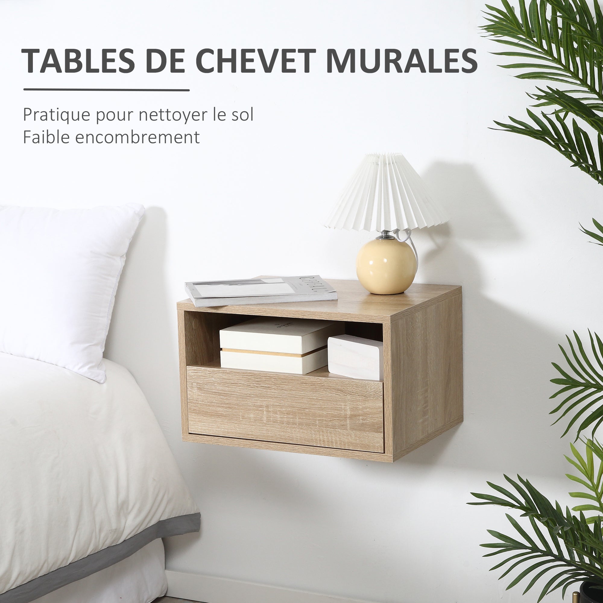Set of 2 Wall-Mounted Bedside Tables - Set of 2 Nightstands - Sliding Drawer, Niche, Tabletop - Particle Boards Light Oak Finish