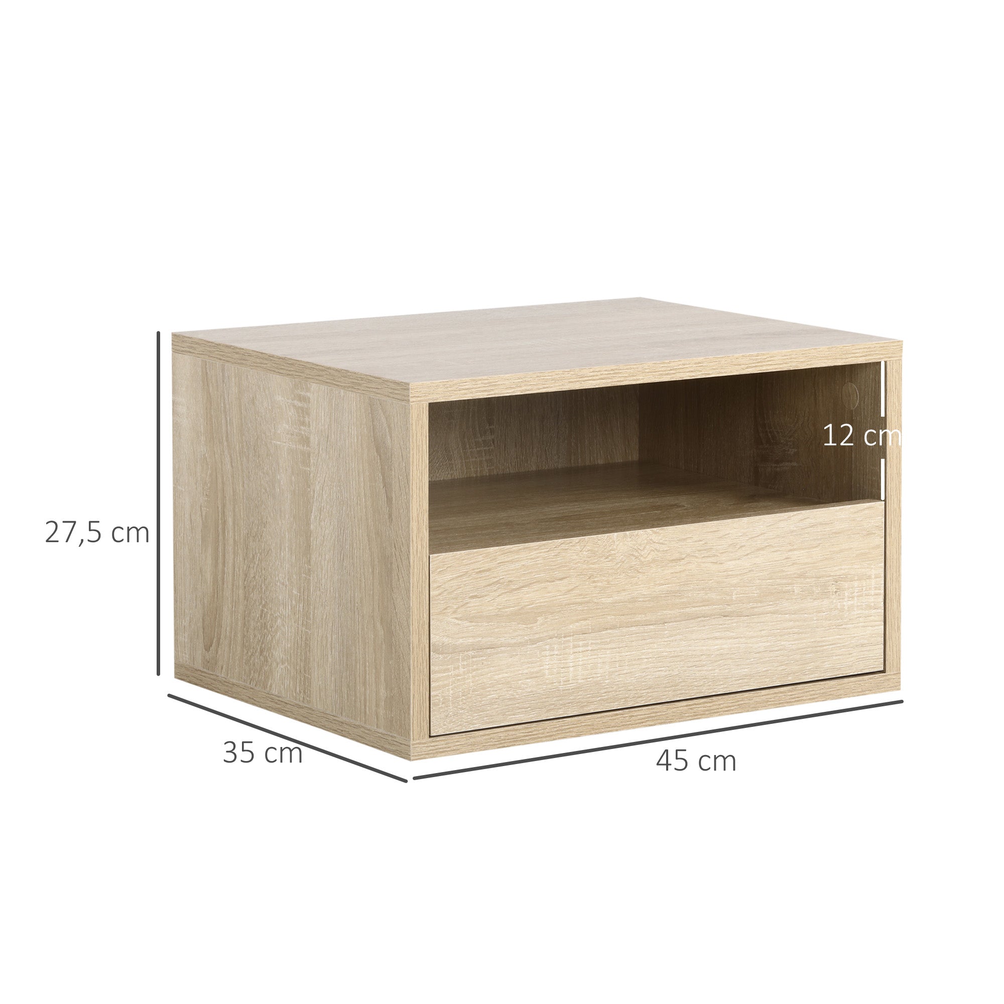 Set of 2 Wall-Mounted Bedside Tables - Set of 2 Nightstands - Sliding Drawer, Niche, Tabletop - Particle Boards Light Oak Finish