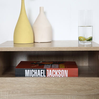 Set of 2 Wall-Mounted Bedside Tables - Set of 2 Nightstands - Sliding Drawer, Niche, Tabletop - Particle Boards Light Oak Finish