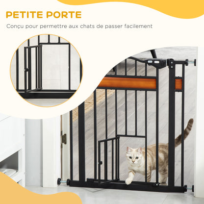 Pet Safety Barrier with Automatic Closing Door Double Locking System No Drilling from 74 to 80 cm Steel Pine Wood Black