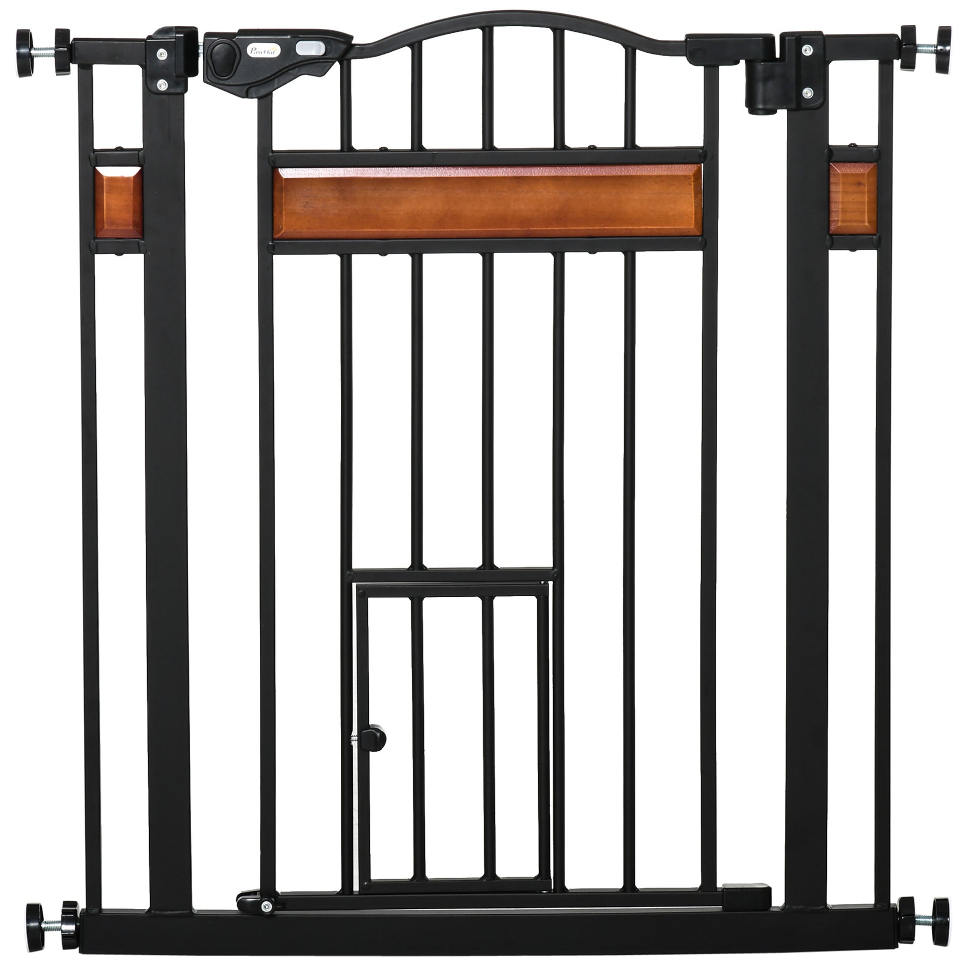 Pet Safety Barrier with Automatic Closing Door Double Locking System No Drilling from 74 to 80 cm Steel Pine Wood Black